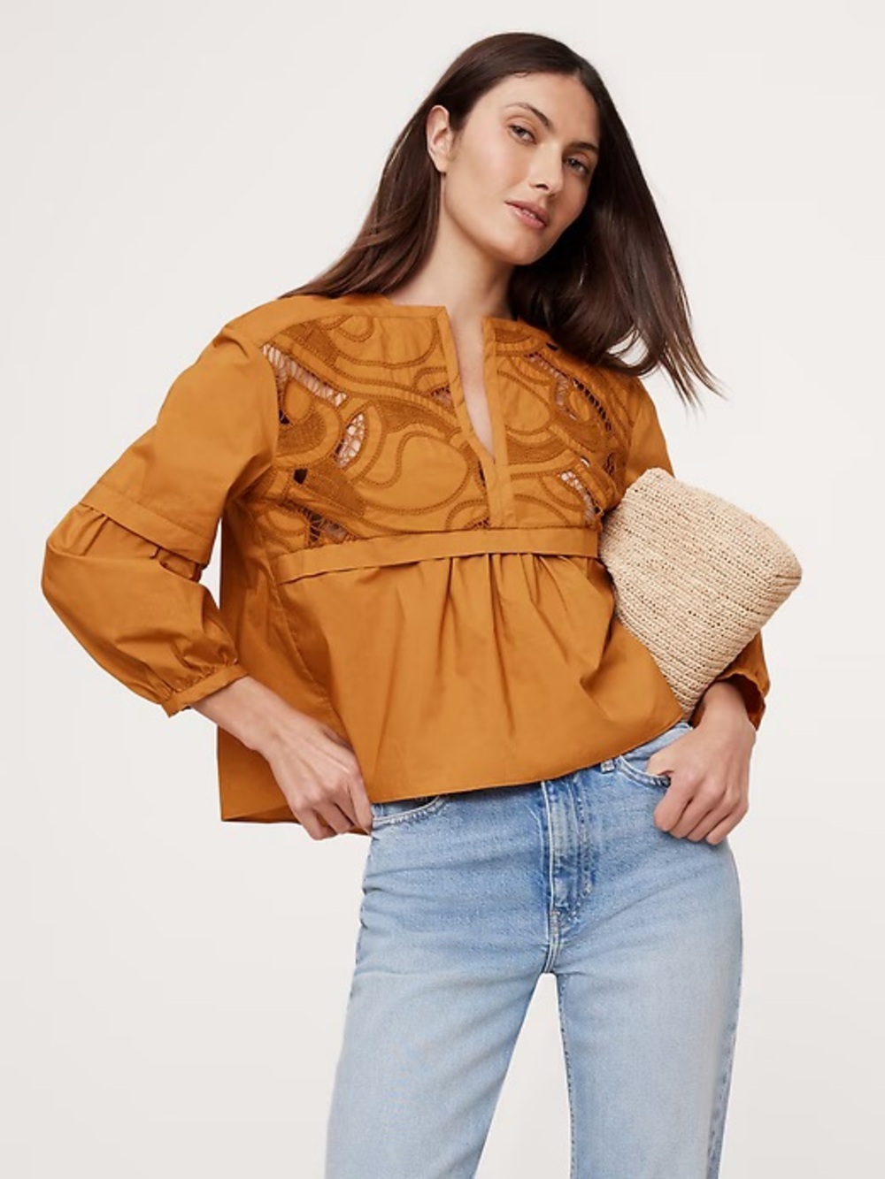 Banana Republic Embroidered Cotton Popover Top in Goldenrod Yellow